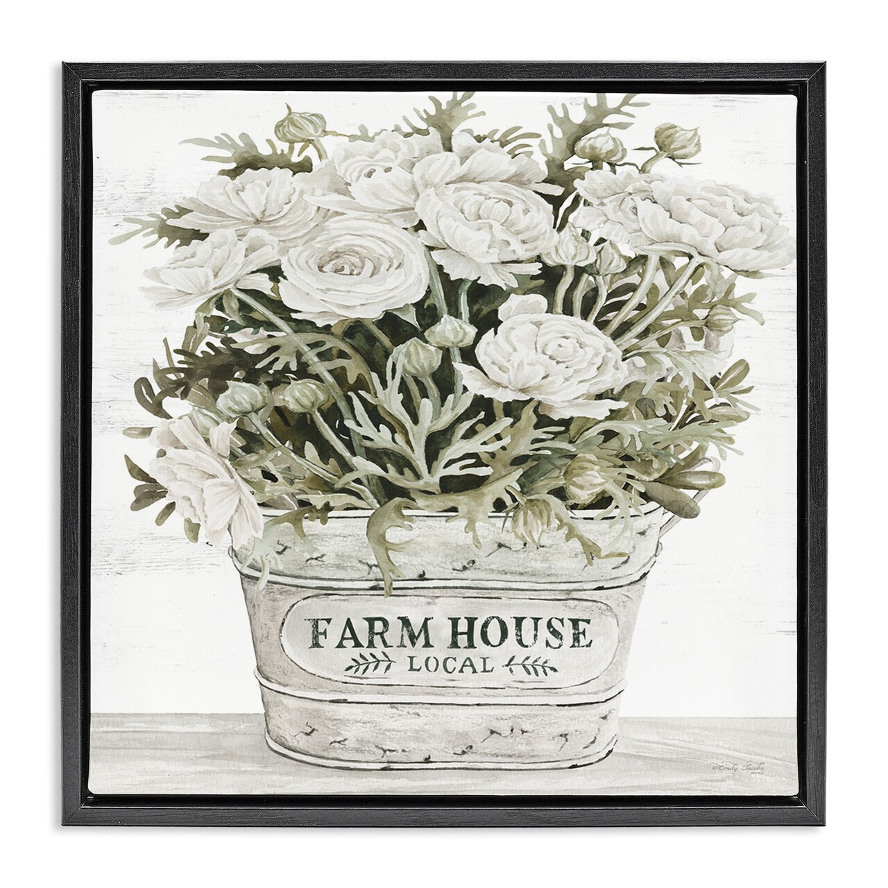Stupell Industries Farmhouse Planter White Rose Blossoms Framed Floater Canvas Wall Art